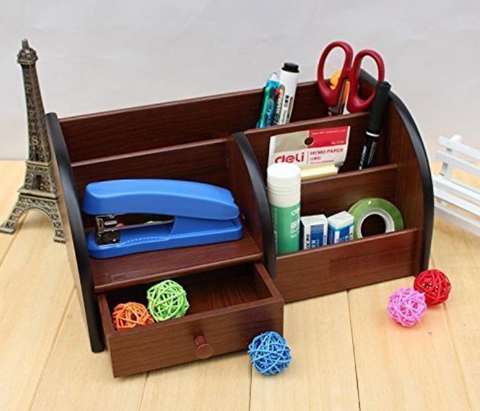 Wooden Desk Organizer Pen Stand with Drawer - Brown - Zoom Image 6