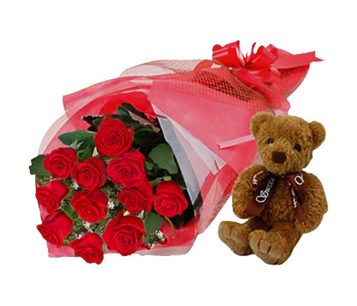 Arabian Florist 12 Pieces Something Special Red Roses Bouquet with Small Teddy - Zoom Image