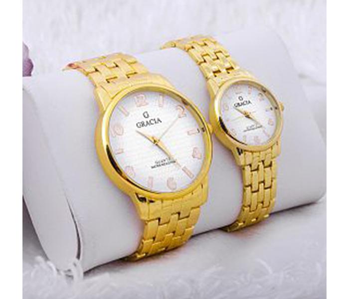 Gracia GR46 Classic Simple Clear Dial Stainless Steel Pair Watch - Gold & White - Zoom Image 1