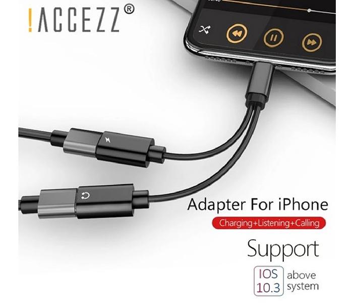 2-in-1 Charger & Aux Audio Splitter Cable for Apple - Black, 12cm - Zoom Image 1