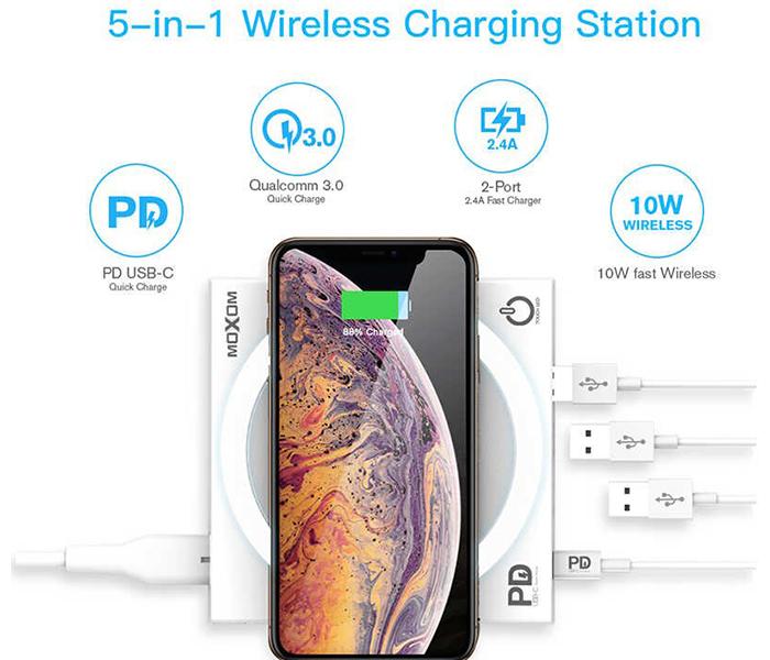 Moxom 40 Watts Fast Wireless Charger with 4 Multi USB Ports - White - Zoom Image 1