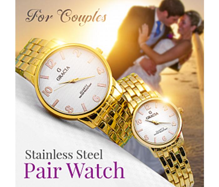 Gracia GR46 Classic Simple Clear Dial Stainless Steel Pair Watch - Gold & White - Zoom Image 4