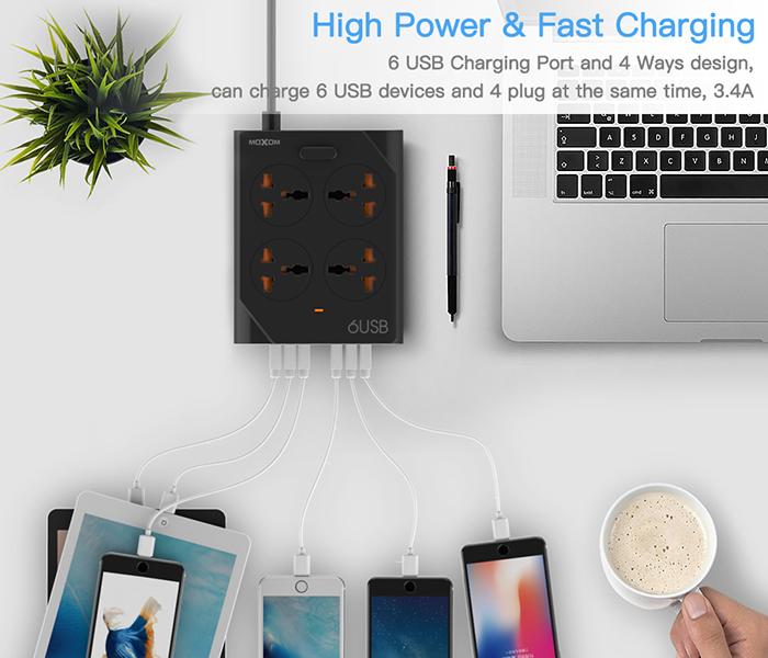 Universal Power Strip 4 Outlets 6 Port USB Extension with Cord - 1.5m, Black - Zoom Image 3