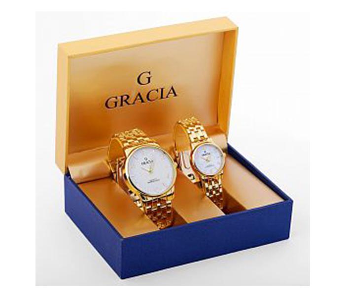 Gracia GR46 Classic Simple Clear Dial Stainless Steel Pair Watch - Gold & White - Zoom Image 3