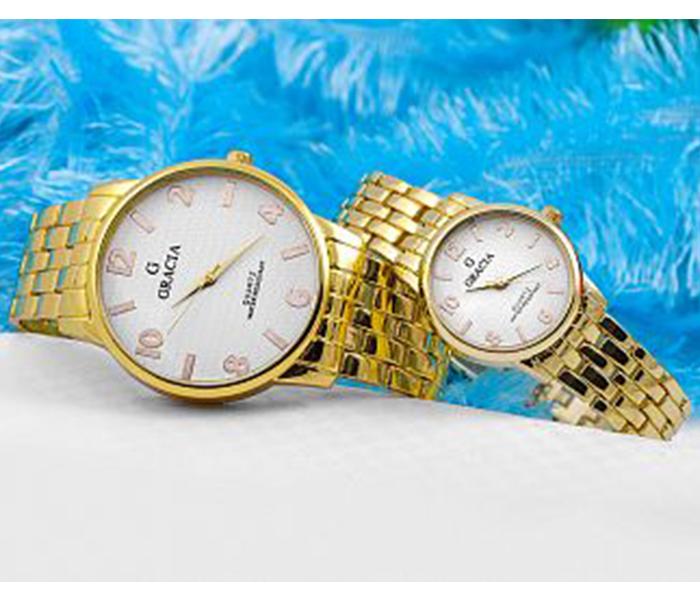 Gracia GR46 Classic Simple Clear Dial Stainless Steel Pair Watch - Gold & White - Zoom Image 2