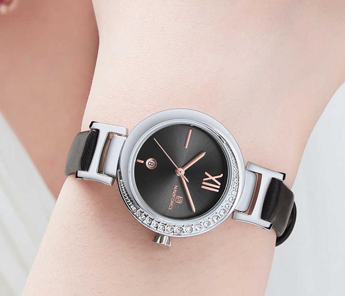 Naviforce NF5007 Quartz Leather Strap Analog Watch for Women - Black - Zoom Image 2