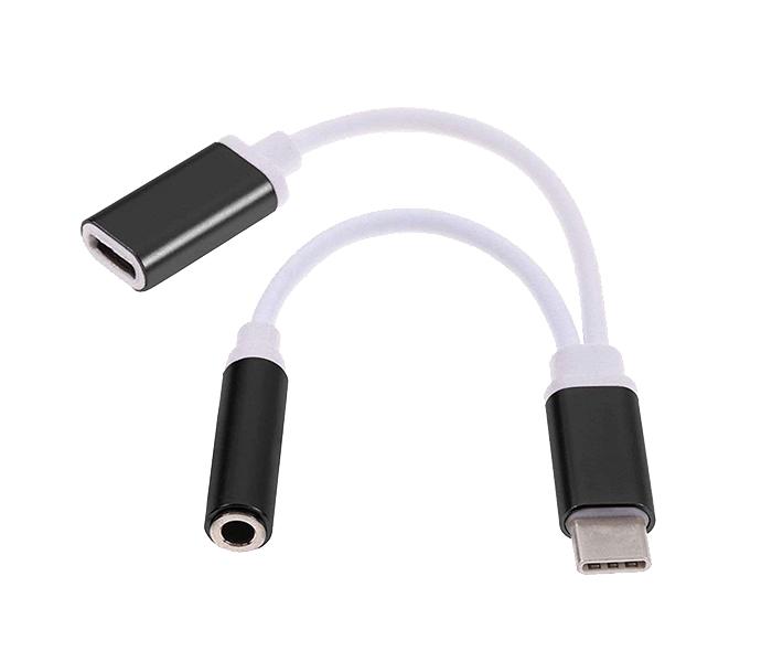 USB Type C to 3.5mm 2-in-1 Audio Jack Cable Splitter Adapter - Black & White - Zoom Image