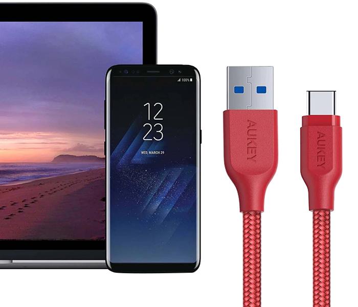 Aukey CB-AC2 2m Nylon Braided USB 3.1 to C Cable - Red - Zoom Image 1