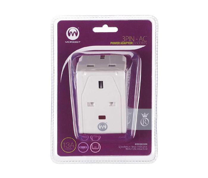 3 Pin Triple Socket Power Adapter with Fuse Attached - White - Zoom Image