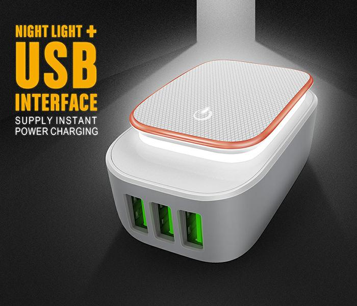 Wi-Power 3 USB Port Home Charger with LED Night Light - White - Zoom Image 1