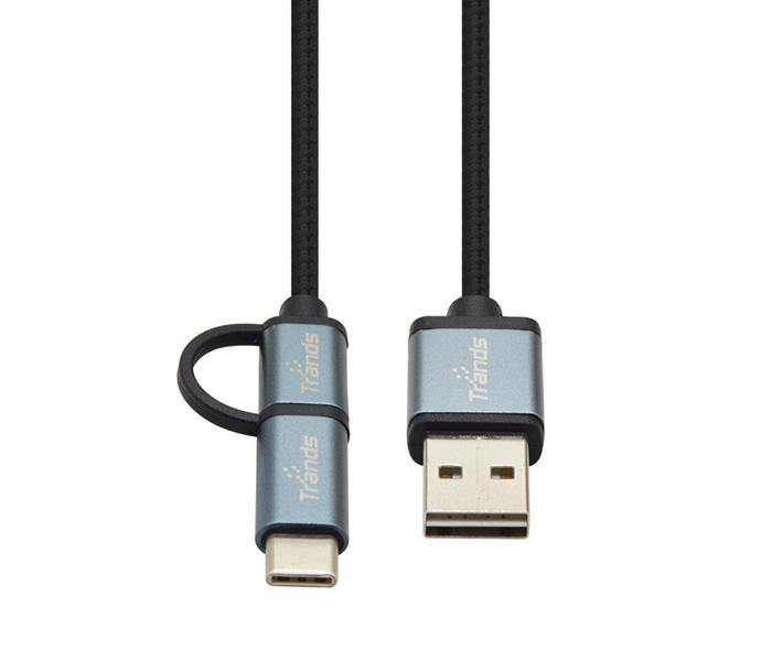 Trands TR-CA027 2-in-1 Micro USB Nylon Braided Data Cable with Type C Adapter for Data Sync Charging - 1.2 Meter - Zoom Image 1