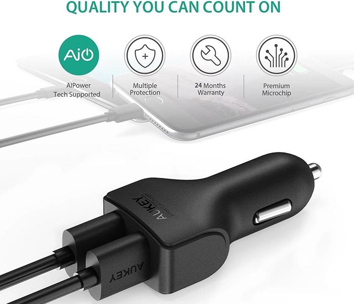 AUKEY CC-S3 4.8A Dual USB Port Car Charger with Ai Power - Black - Zoom Image 2