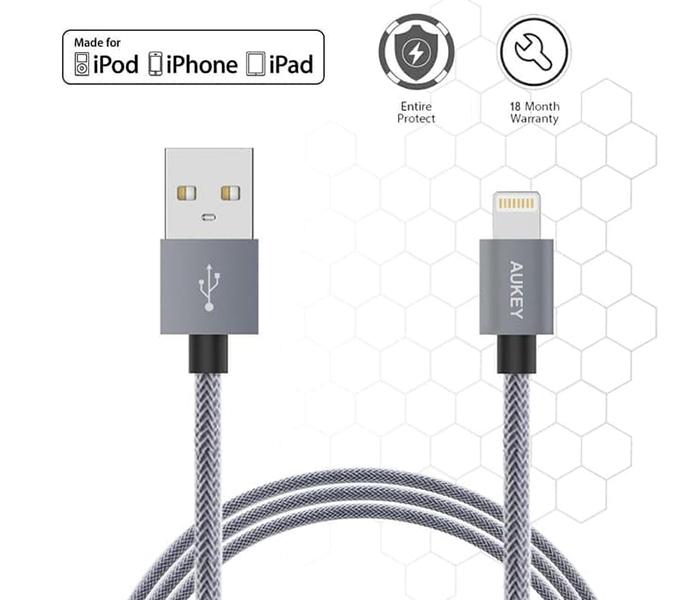 AUKEY CB-D24 1m Nylon Braided Exomesh Lightning Cable - Grey - Zoom Image 1