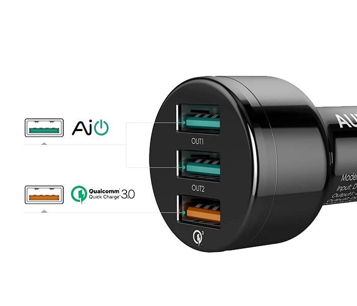 AUKEY CC-T11 3-USB Port Car Charger with Qualcomm Quick Charge 3.0 3 - Black - Zoom Image 4