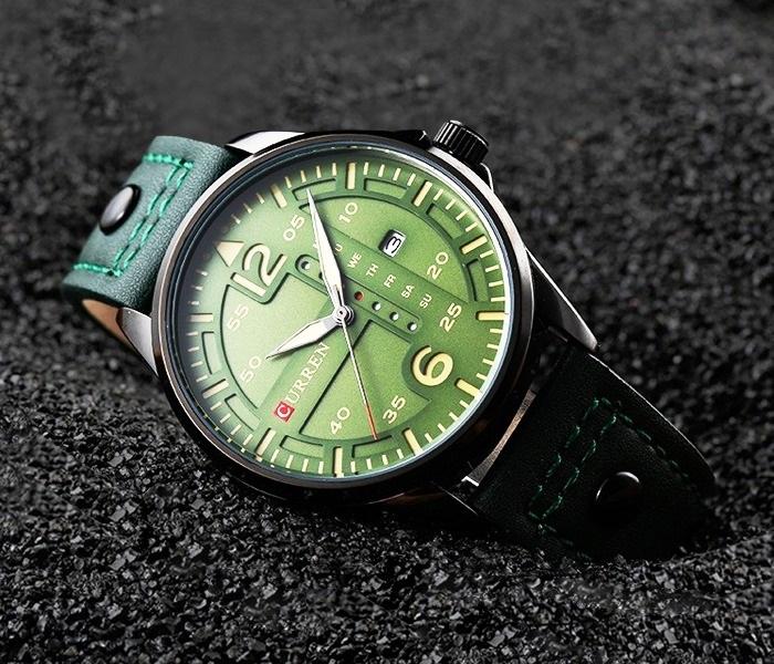 Curren 8224 Leather Band Analog Waterproof Sport Quartz Wrist Watch - Green For Men - Zoom Image 1