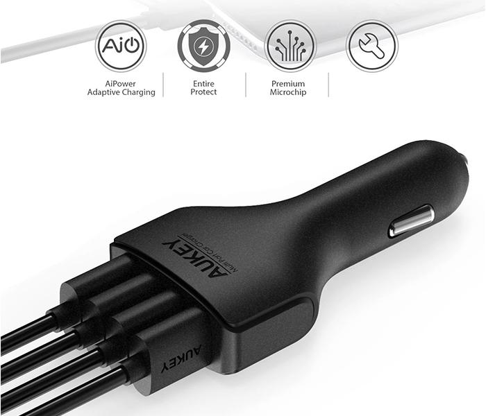 AUKEY CC-01 48W 4-USB Port Ai Power Adaptive Car Charger - Black - Zoom Image 1