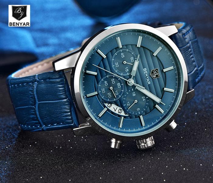 Benyar 5104 Quartz Watch For Men Silver and Blue - Zoom Image 2