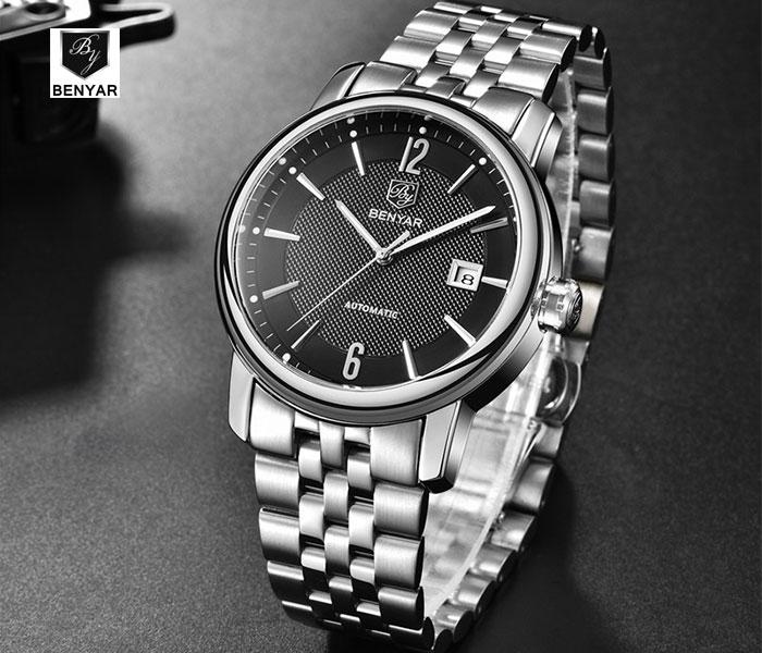 Benyar 5144 Automatic Watch For Men Silver and Black - Zoom Image 3