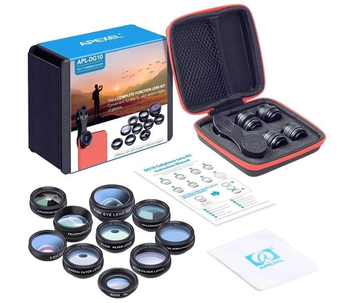 Apexel 10 in 1 Cell Phone Camera Lens Kit Wide Angle Lens &amp; Macro Lens+Fisheye Lens+Telephoto Lens+CPL/Flow/Radial/Star Filter+Kaleidoscope 3/6 Lens for iPhone Samsung Sony and Most of Smartphone - Zoom Image 1