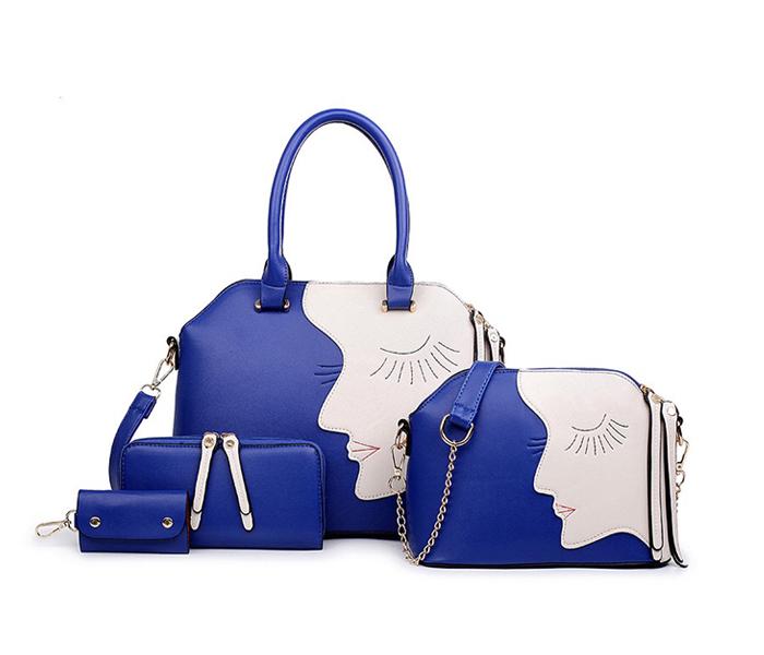 European 4 PC Fashion Face Pattern PU Tote Bag For Women - Blue - Zoom Image