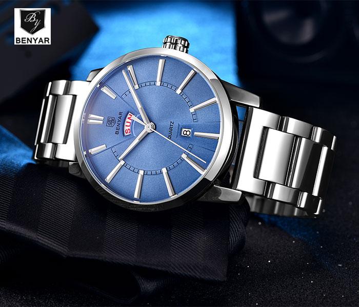 Benyar 5101 Quartz Watch For Men Silver and Blue - Zoom Image 2