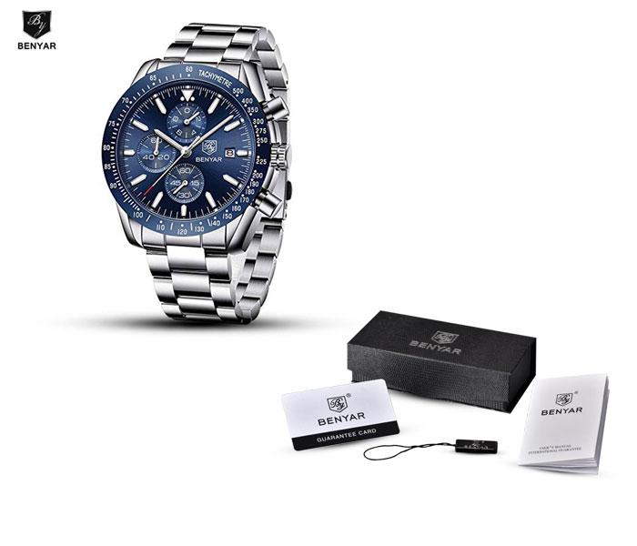 Benyar 5140 Quartz Watch For Men Silver and Blue - Zoom Image 4