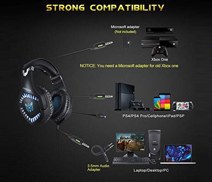 Onikuma K1B PRO Stereo Gaming Headset with Mic, Controls and LED light, PC, PS4, Xbox and - Black & Blue - Zoom Image 6