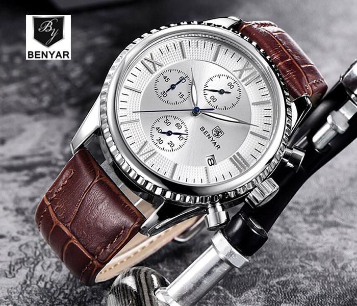 Benyar 5129 Quartz Watch For Men Brown and Silver - Zoom Image 3