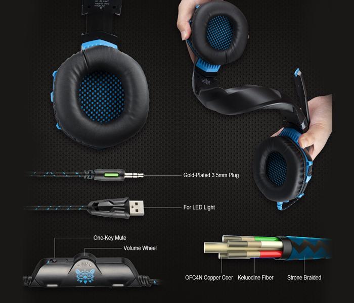 Onikuma K2 PRO Stereo Gaming Headset with Mic, Controls and LED light, PC, PS4, Xbox and - Black & Blue - Zoom Image 4