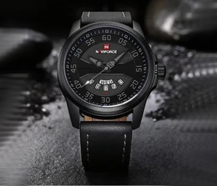 NaviForce 9124 Sport Leather Wrist Quartz Watch For Men - Black - Zoom Image