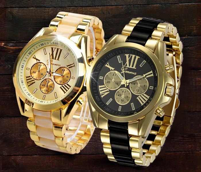 AKM Geneva Analogue Dial Watch Bundle 2pc - Black & Beige - Zoom Image