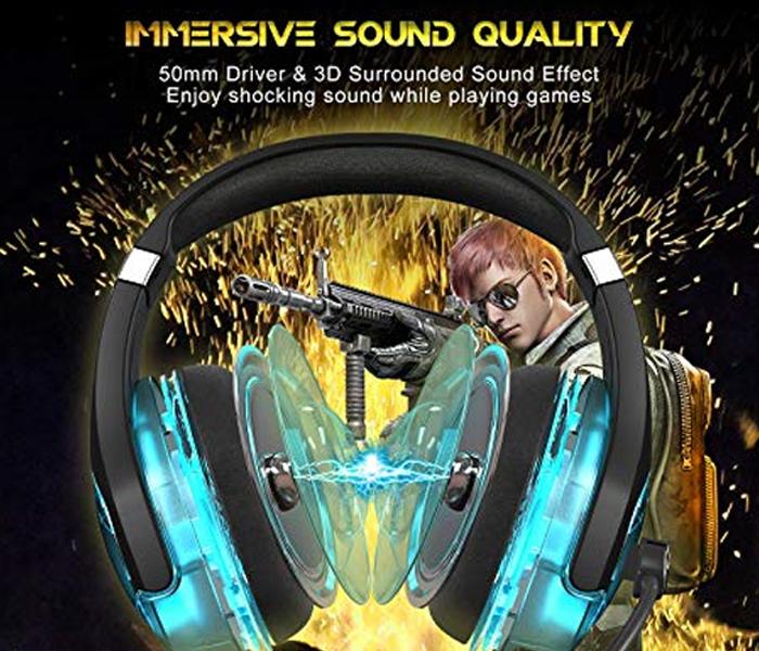 Onikuma K1B PRO Stereo Gaming Headset with Mic, Controls and LED light, PC, PS4, Xbox and - Black & Blue - Zoom Image 3