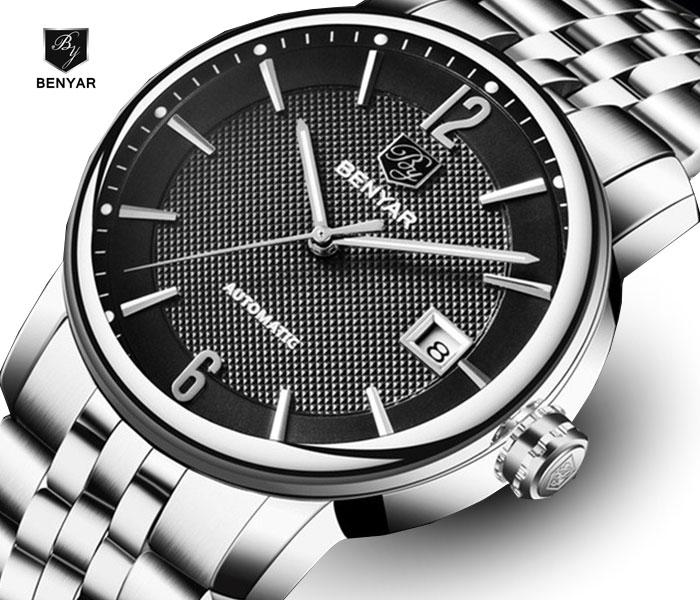 Benyar 5144 Automatic Watch For Men Silver and Black - Zoom Image 2