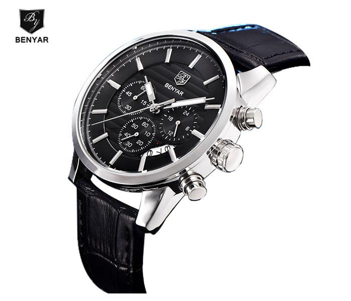 Benyar 5104 Quartz Watch For Men Silver and Black - Zoom Image 2