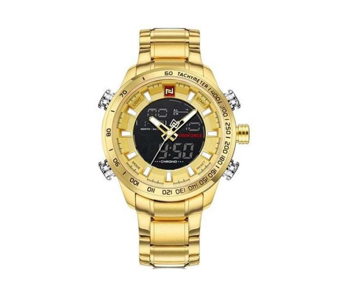 Naviforce 9093 Golden Stainless Steel Dual Time Watch For Men - Zoom Image