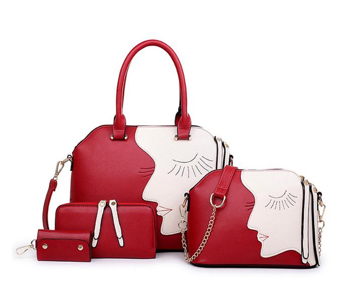 European 4 PC Fashion Face Pattern PU Tote Bag For Women - Red - Zoom Image