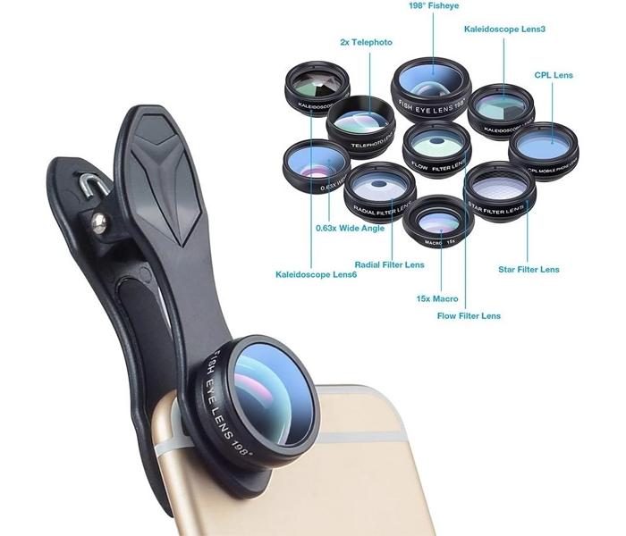 Apexel 10 in 1 Cell Phone Camera Lens Kit Wide Angle Lens &amp; Macro Lens+Fisheye Lens+Telephoto Lens+CPL/Flow/Radial/Star Filter+Kaleidoscope 3/6 Lens for iPhone Samsung Sony and Most of Smartphone - Zoom Image 2