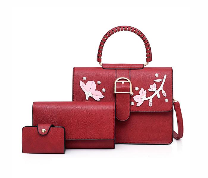 Floral 3 Pieces Sets Women’s Purse Leather Clutch Handbags For Ladies - Red - Zoom Image