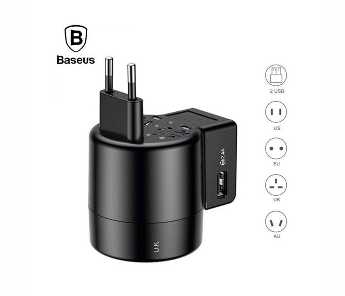 Baseus International Travel Adapter Whirl Universal Travel Wall Charger Plug Dual USB AC Power Adapter Converter for EU US UK AU - Black - Zoom Image 1