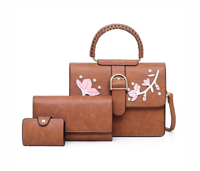 Floral 3 Pieces Sets Women’s Purse Leather Clutch Handbags For Ladies - Brown - Zoom Image