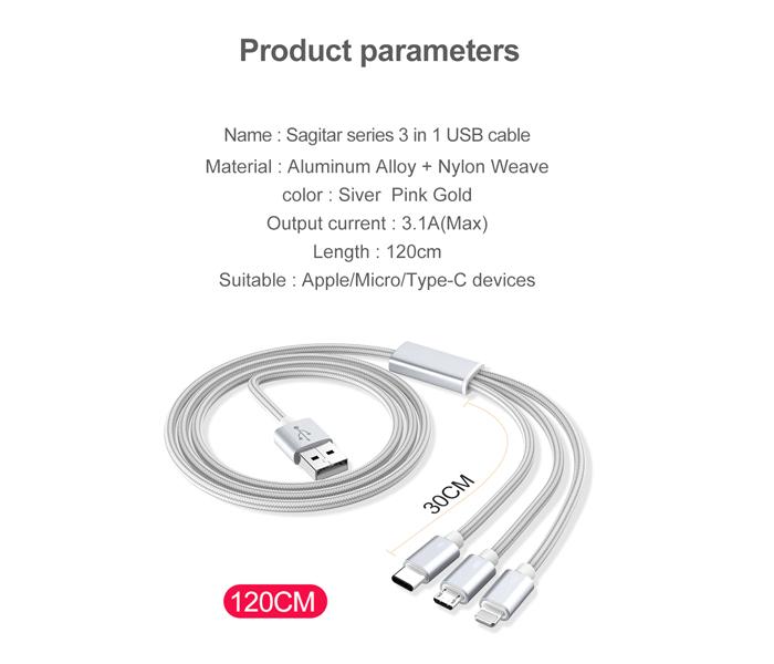 Fast Charging 3 in 1 Micro USB Data Cable - Silver - Zoom Image 2