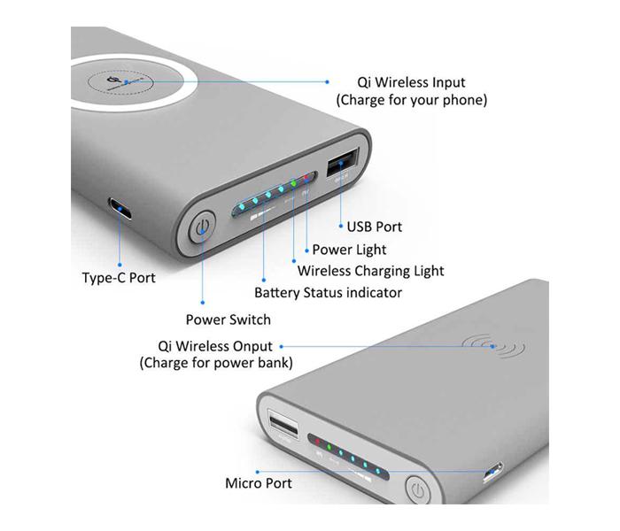 MQ 10,000mAh Portable USB 3 in 1 Wirelss Power Bank - Grey - Zoom Image 3