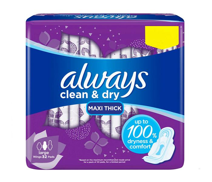 Always Clean And Dry Maxi Thick With Wings, 32 Pads - Zoom Image