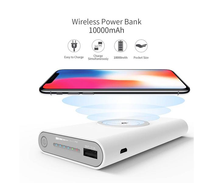 MQ 10,000mAh Portable USB 3 in 1 Wirelss Power Bank - White - Zoom Image 1