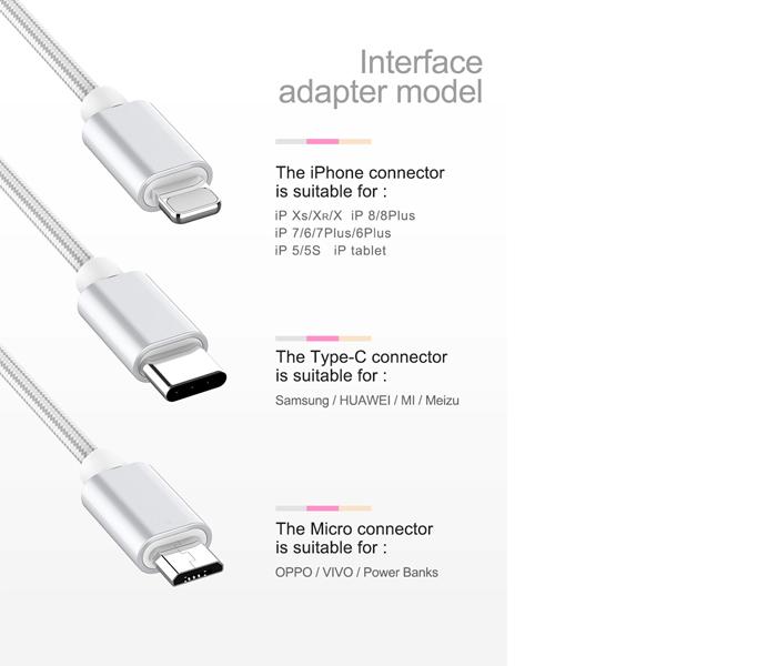 Fast Charging 3 in 1 Micro USB Data Cable - Silver - Zoom Image 1