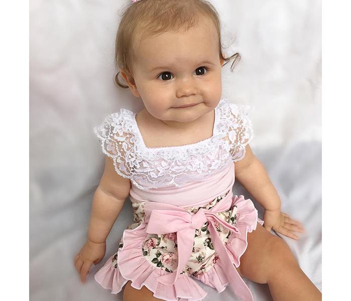 Little Wings 3 months Sleeveless Lace Vest Tops and Ruffled Floral Shorts - Pink - Zoom Image 4