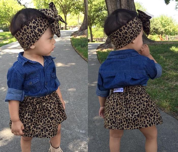 Little Wings 1 Year Jean Shirt with Leopard Print Short Skirt and Headband - Blue and Brown - Zoom Image 4