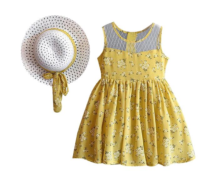 Little Wings 5 Year Chiffon Floral Print Vest Dress with Hat - Yellow - Zoom Image 1