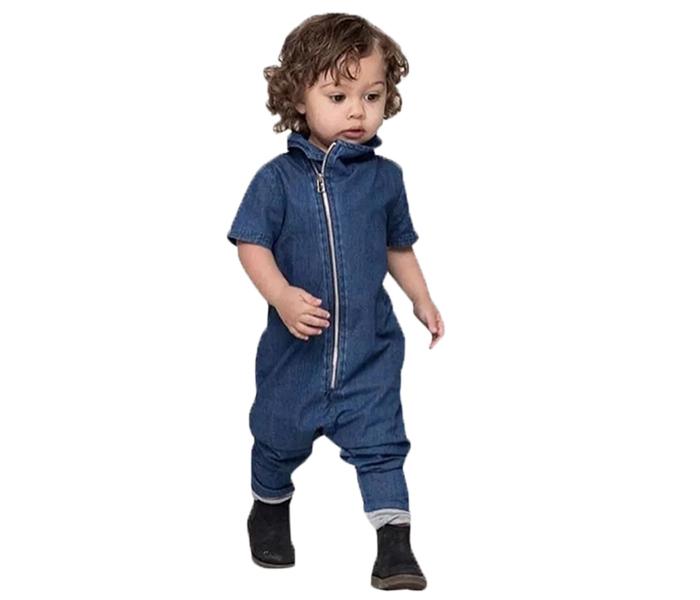 Little Wings Denim 6 Months Short Sleeve Jumpsuit Zipper Romper -Navy Blue - Zoom Image 1