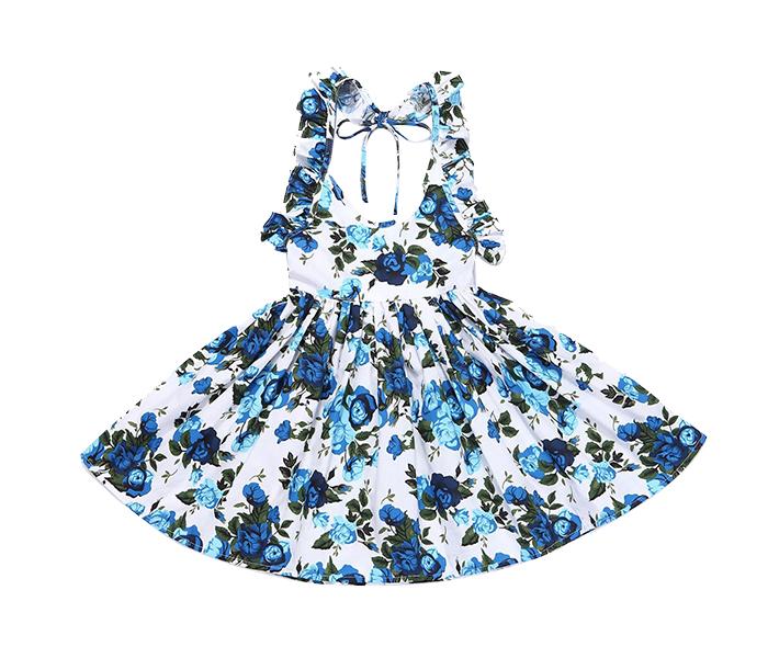 Little Wings 4 Years Summer Beach Style Floral Print Party Backless Frock - Blue - Zoom Image